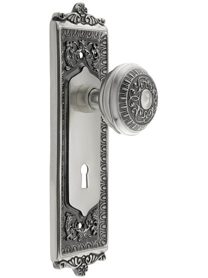 Egg and Dart Design Mortise Lock Set With Matching Knobs in Antique Pewter.